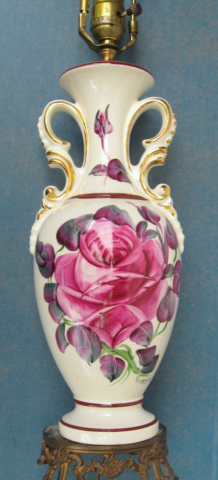 Vintage Artist Signed Cabbage Rose Vase Lamp