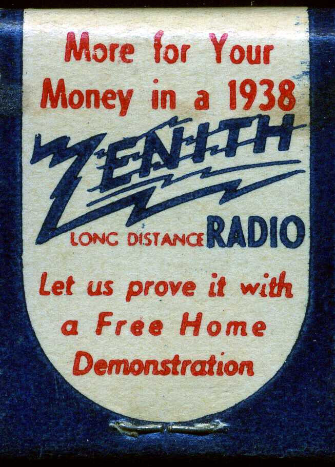 1930\'s ZENITH RADIO Full Midget Matchbook. Unstruck & Unused.