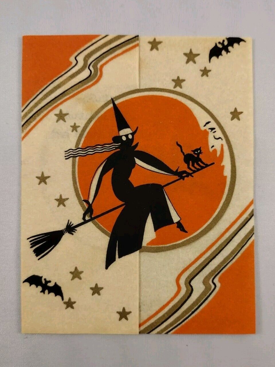 Vintage 1930s Halloween Invitation Card Witch Black Cat Bats Moon Gilded Accents