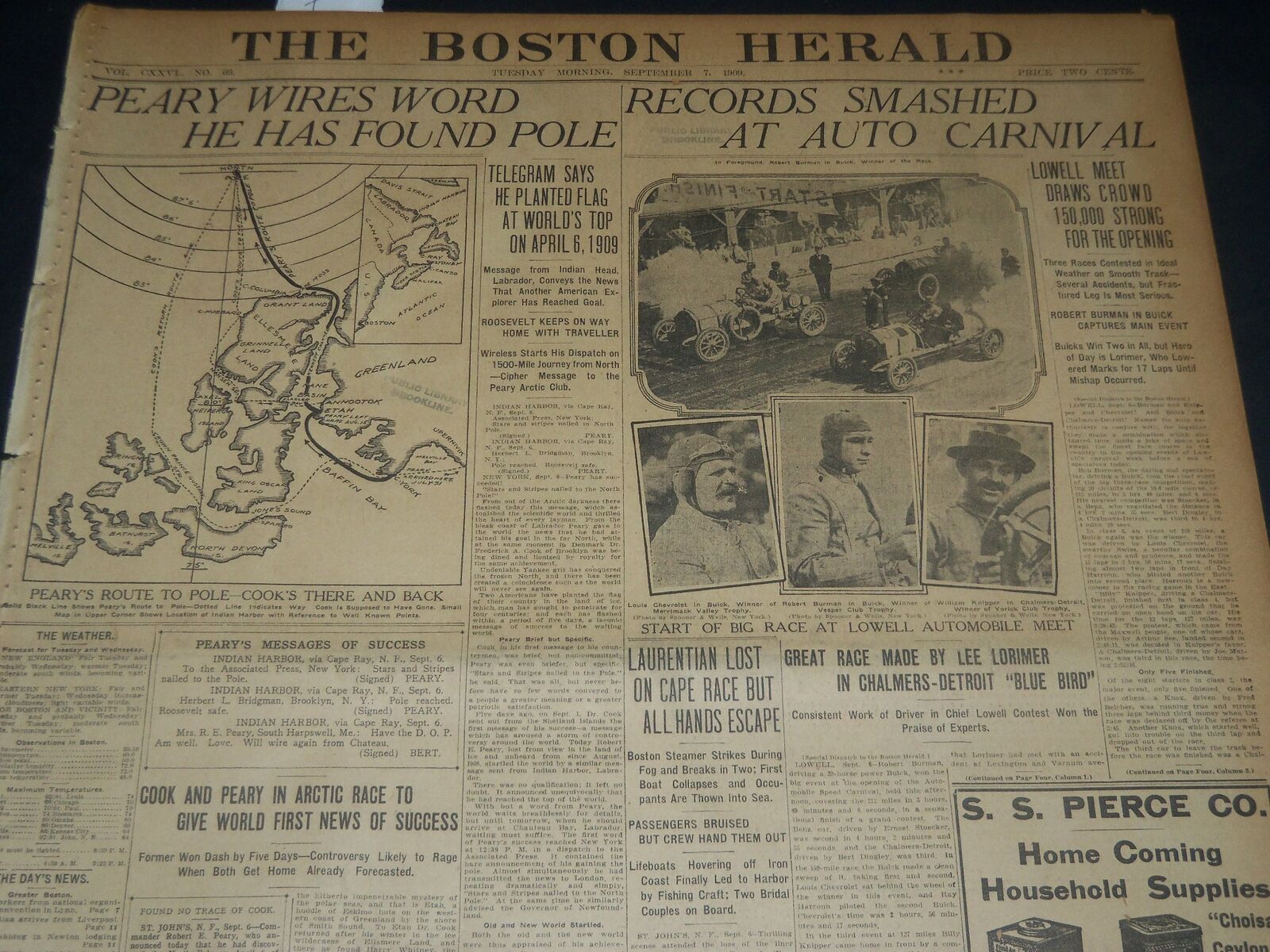 1909 SEPTEMBER 7 THE BOSTON HERALD - PEARY WIRES WORD HE HAS FOUND POLE - BH 204