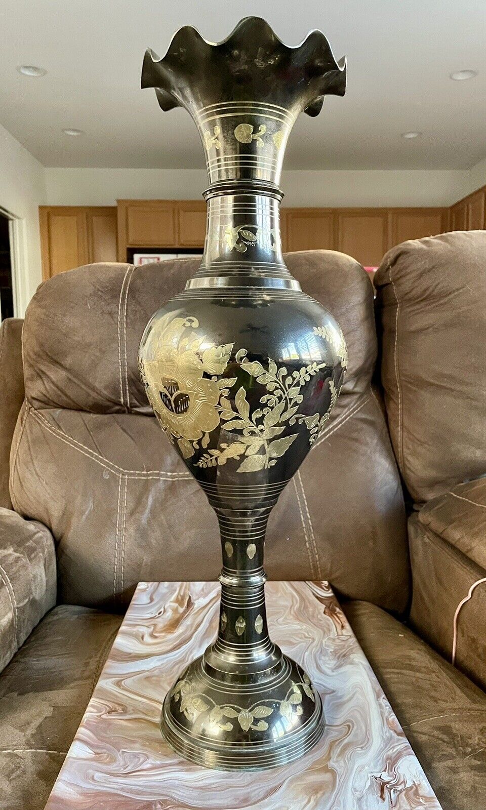 Vintage BRASS VASE with Intricate FLORAL ETCHINGS • Large 24 inch, Beautiful 🌟
