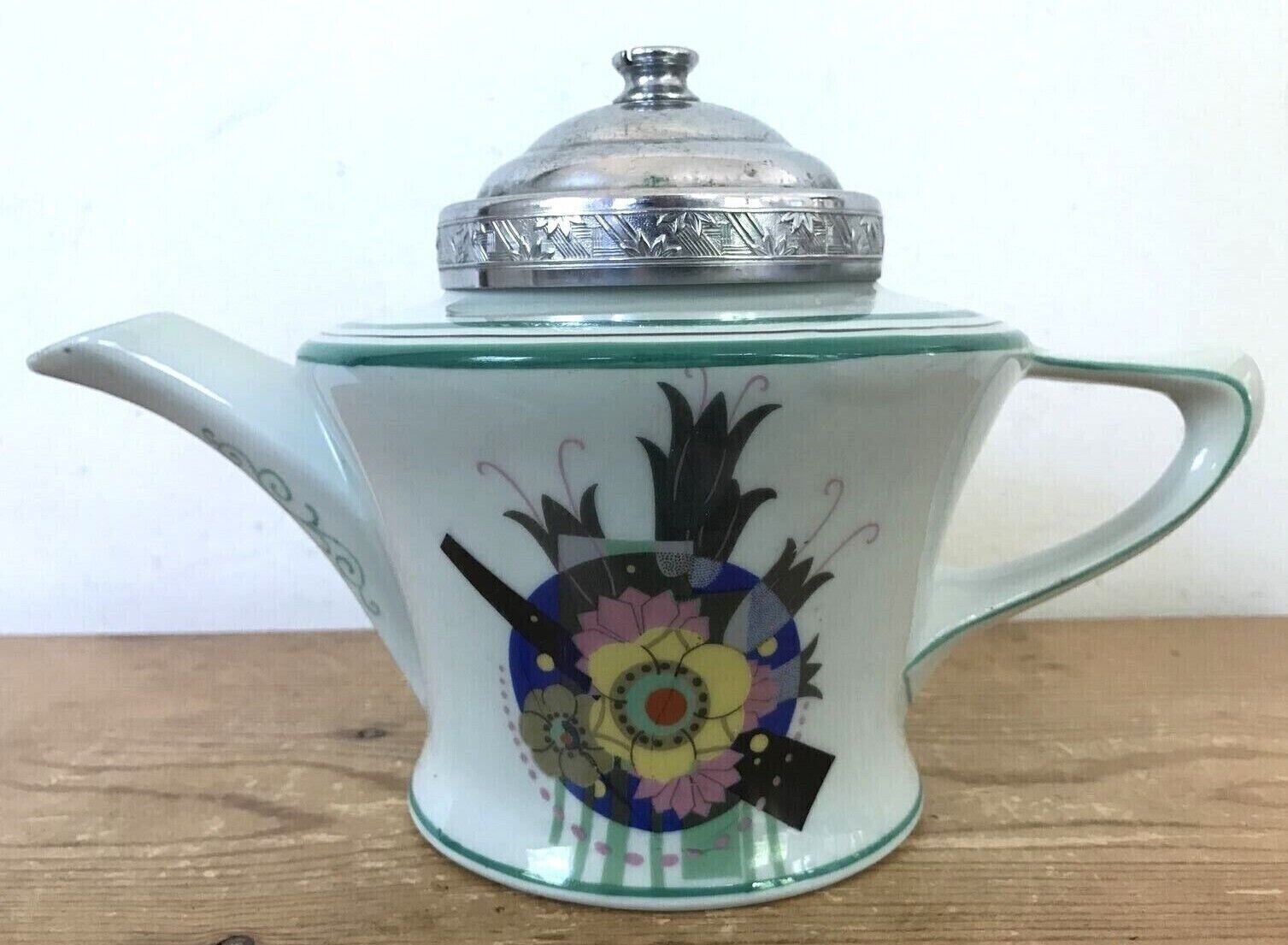 Vtg Farberware Fraunfelter 30s Art Deco Porcelain Floral Ceramic Chrome Tea Pot