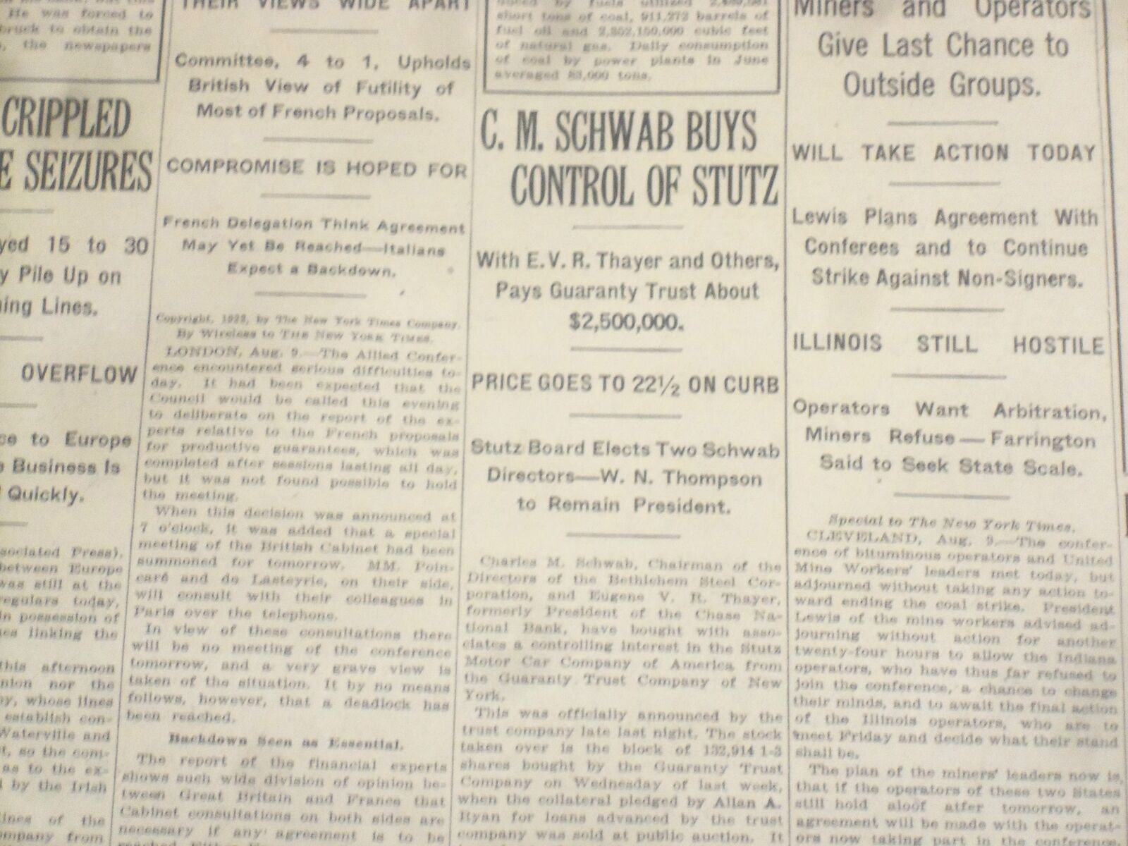 1922 AUGUST 10 NEW YORK TIMES - C. M. SCHWAB BUYS CONTROL OF STUTZ - NT 8368