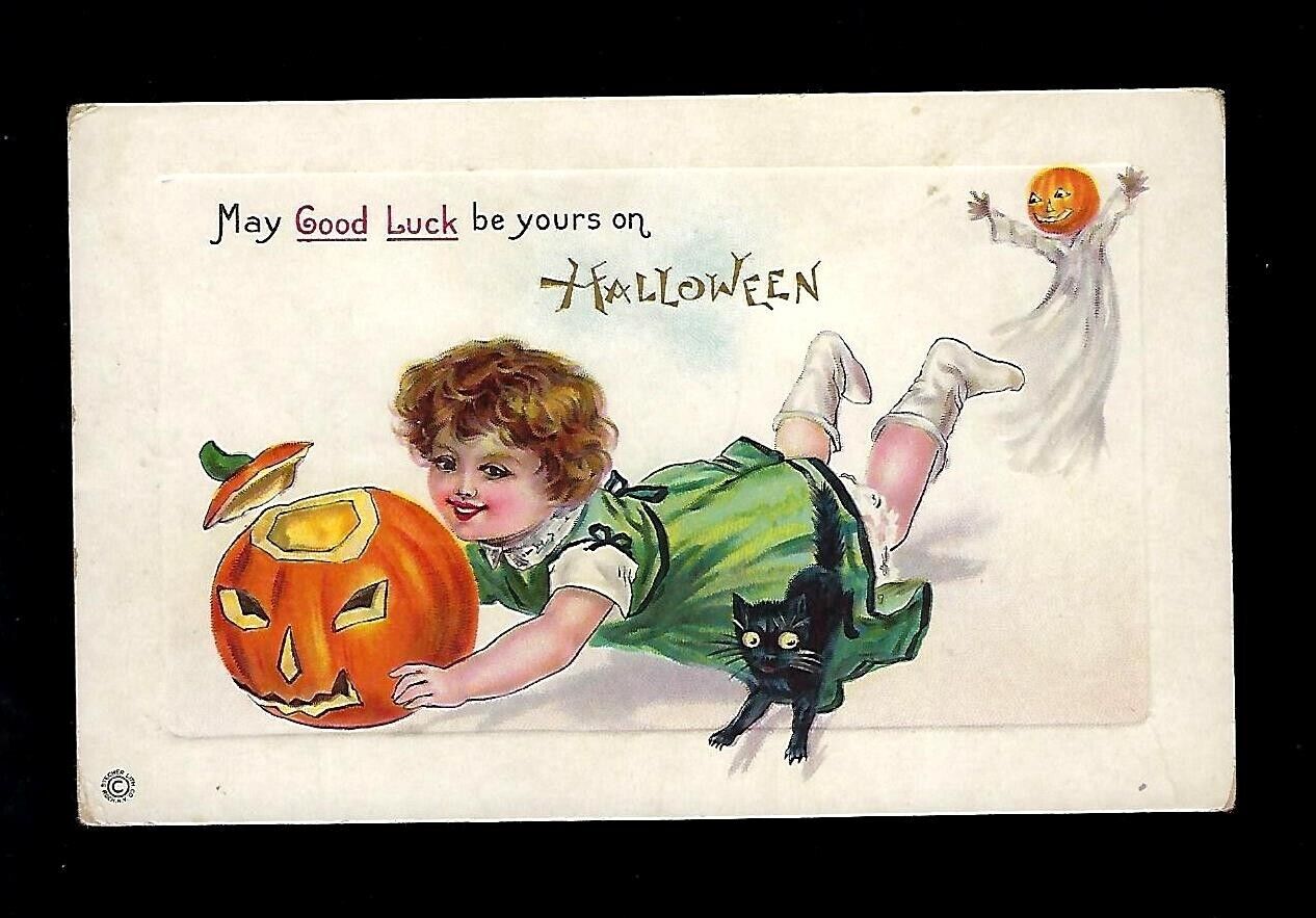 c1911 Stecher Halloween Postcard Girl JOL, Black Cat & Ghost