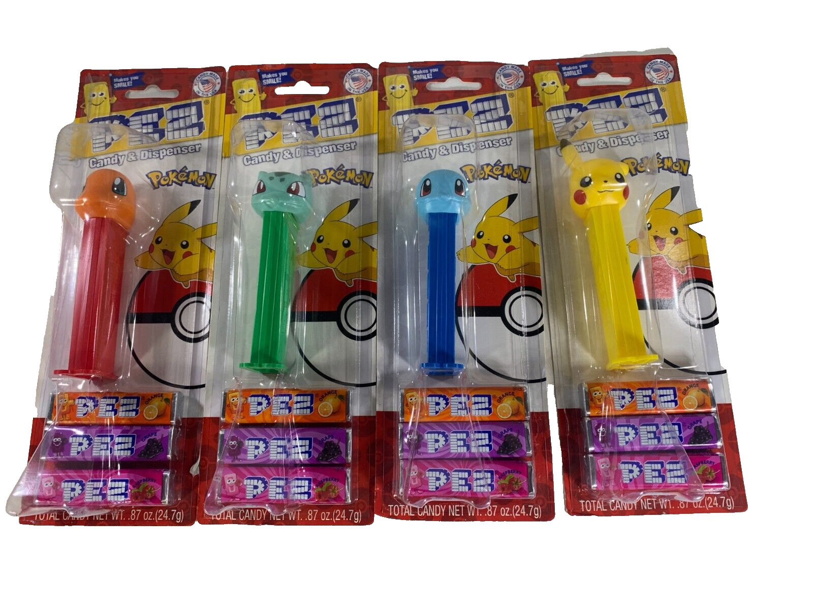 Pokemon Starter Pez Dispensers Set - Pikachu, Bulbasaur, Squirtle, Charmander,