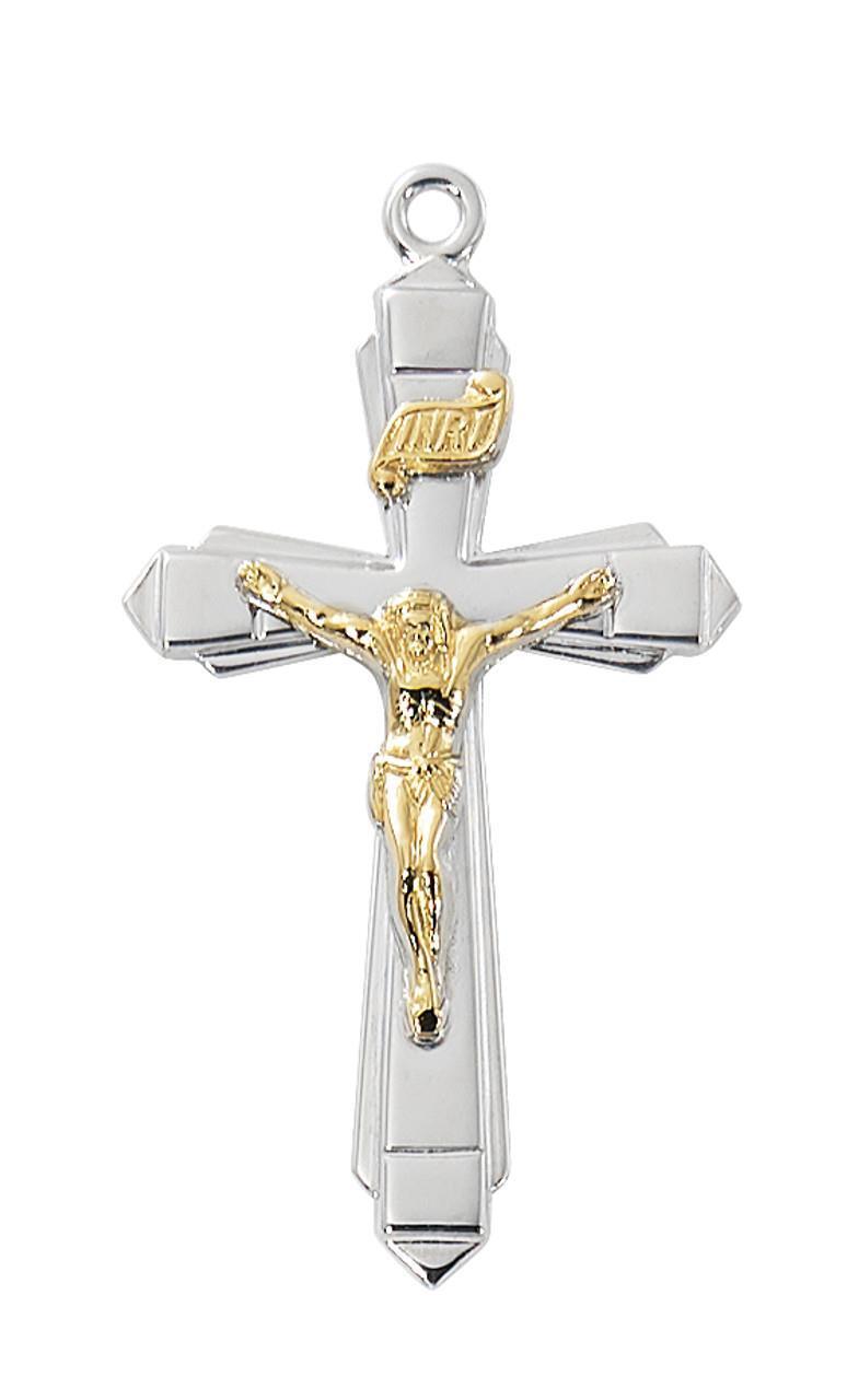 Two Tone Sterling Silver Crucifix Features 18in Long Chain Comes Gift Boxed