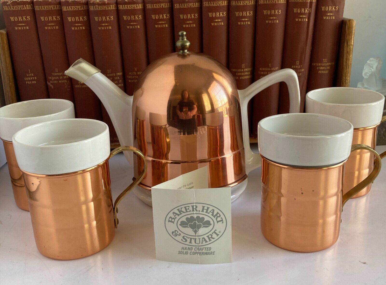 1986 Vintage • Baker Hart & Stewart • Copper & Ceramic Teapot/Coffee Pot & Mugs