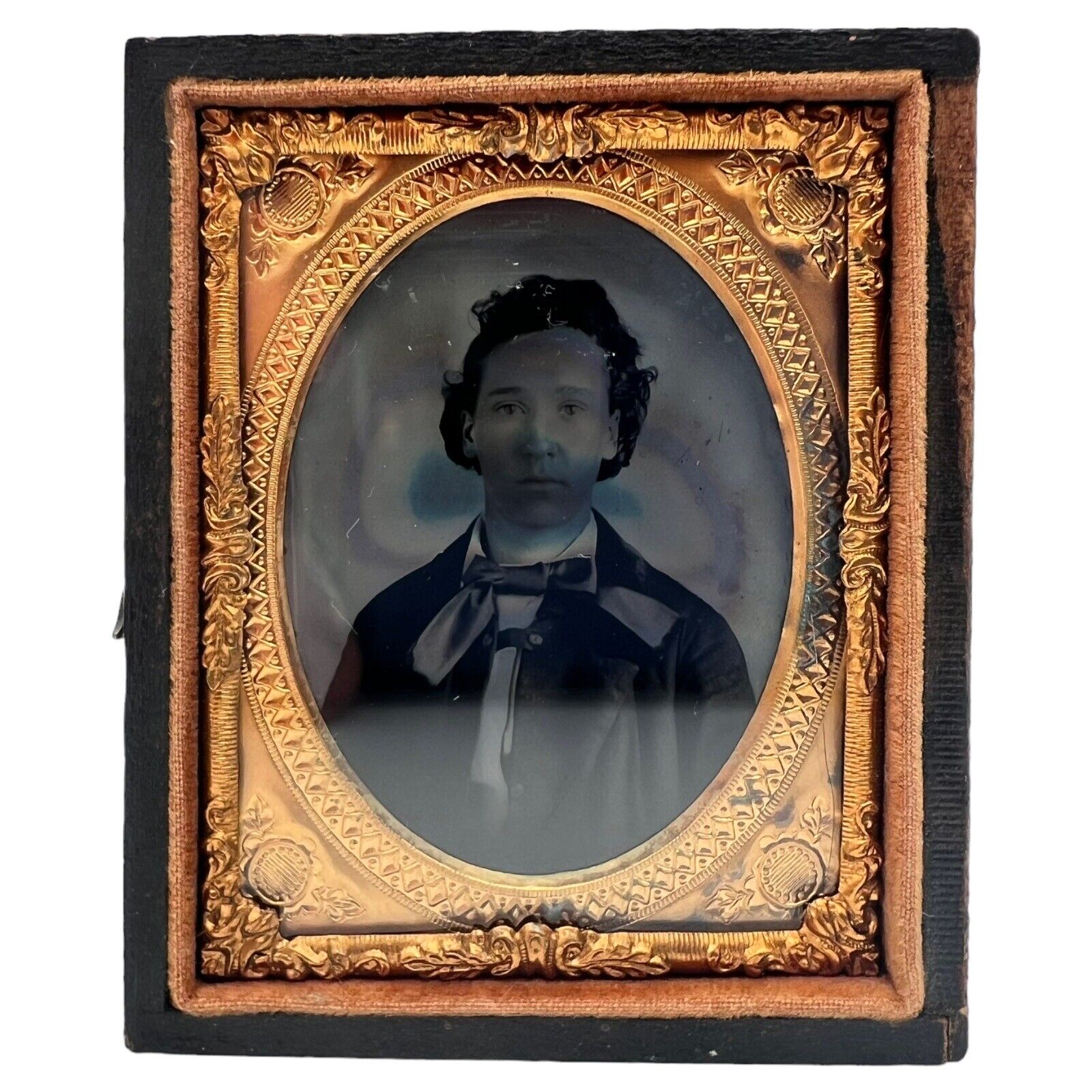 Antique 1850s Ambrotype Portrait Card Distinguished Gentleman Ornate Brass Frame