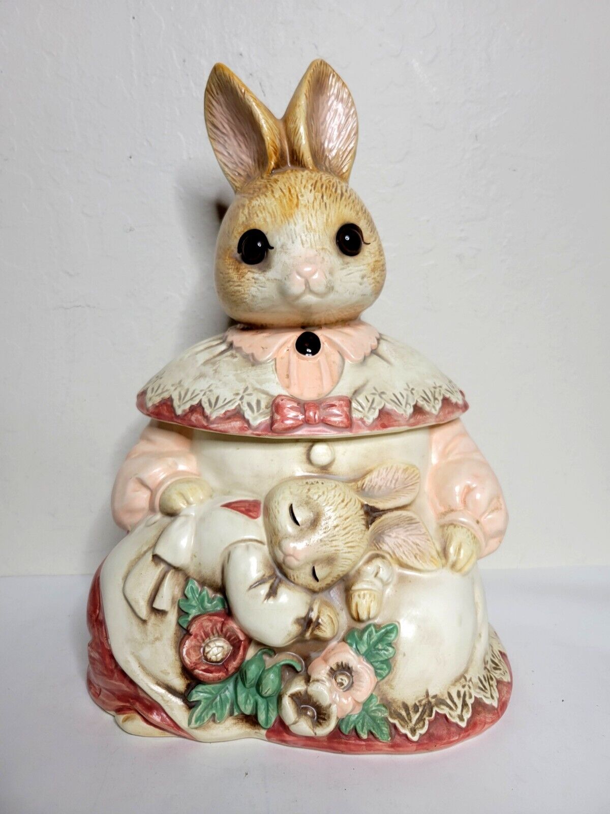 Lovely Vtg. Cookie Jar Mother & Baby Bunny Rabbit Japan Porcelain Glass Eyes EUC