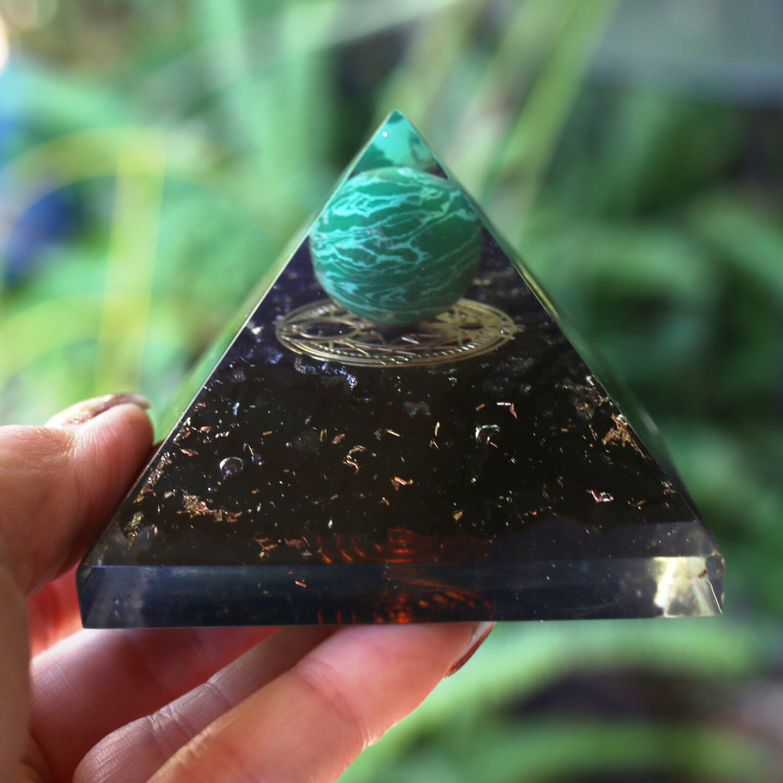 Entirely Zen Shungite & Malachite Sphere Orgone Pyramid XL 75mm 3 inch EMF & 5G