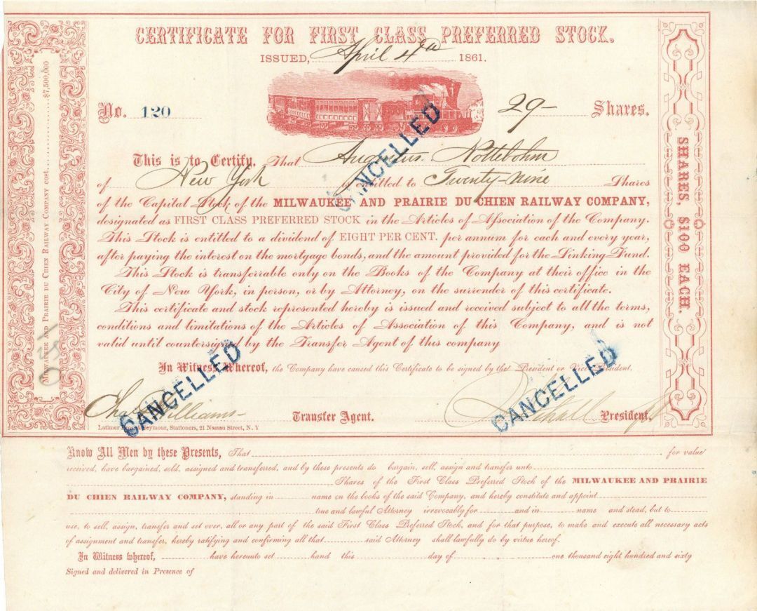 Milwaukee and Prairie Du Chien Railway Co. - Stock Certificate - Railroad Stocks