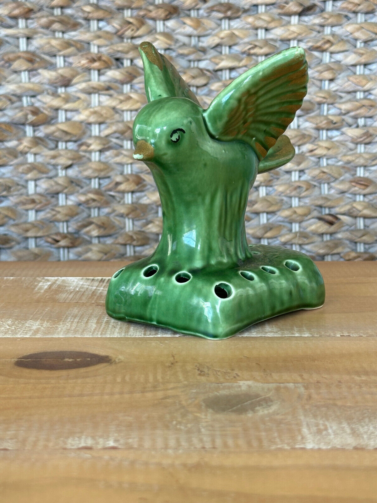 Vintage Camark Art Pottery Bird Flower Frog Vase Planter Green With Gold Ceramic