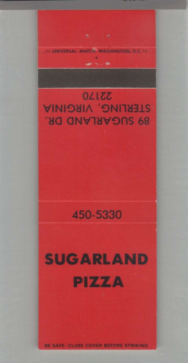 Matchbook Cover - Pizza Place - Sugarland Pizza Sterling, VA