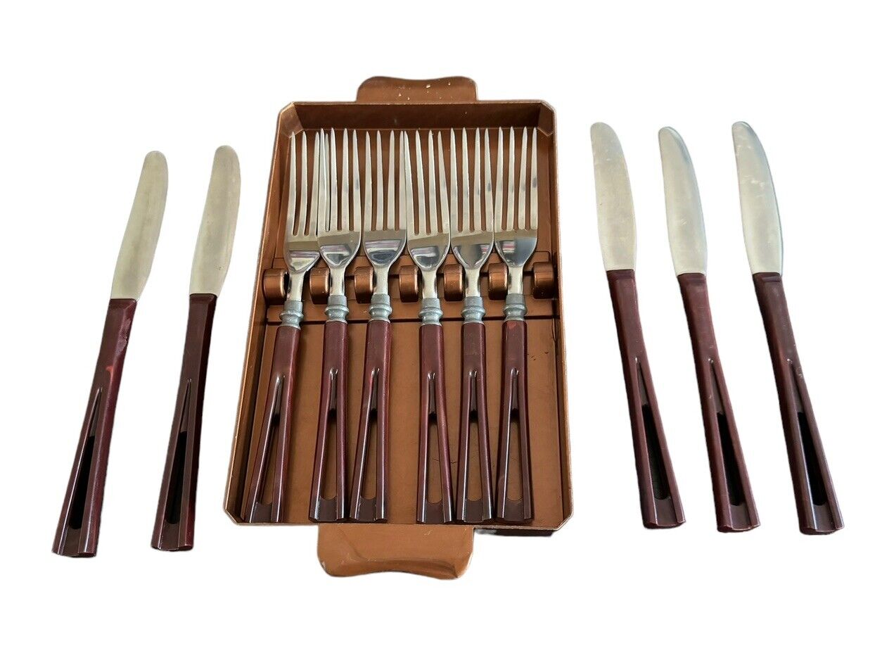Stanhome MCM Stainless Flatware Brown Bakelite Handles Forks (6) Knives (5) Tray