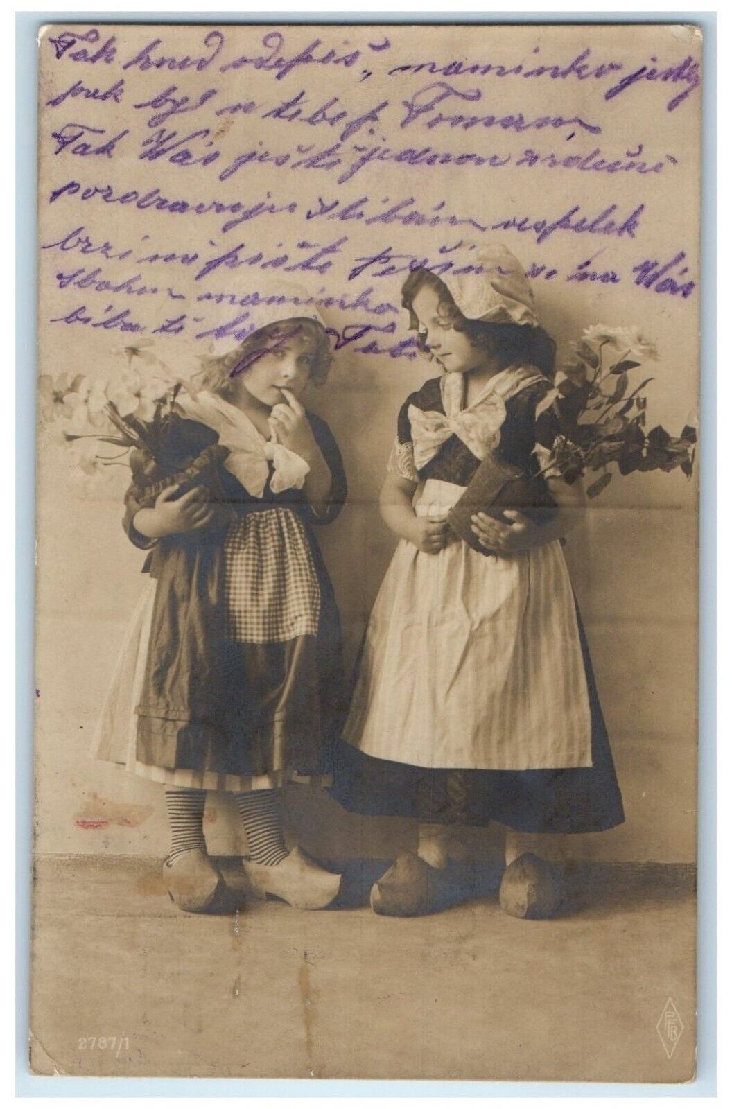 c1910's Dutch Little Girls With Flowers RPPC Photo Posted Antique Postcard