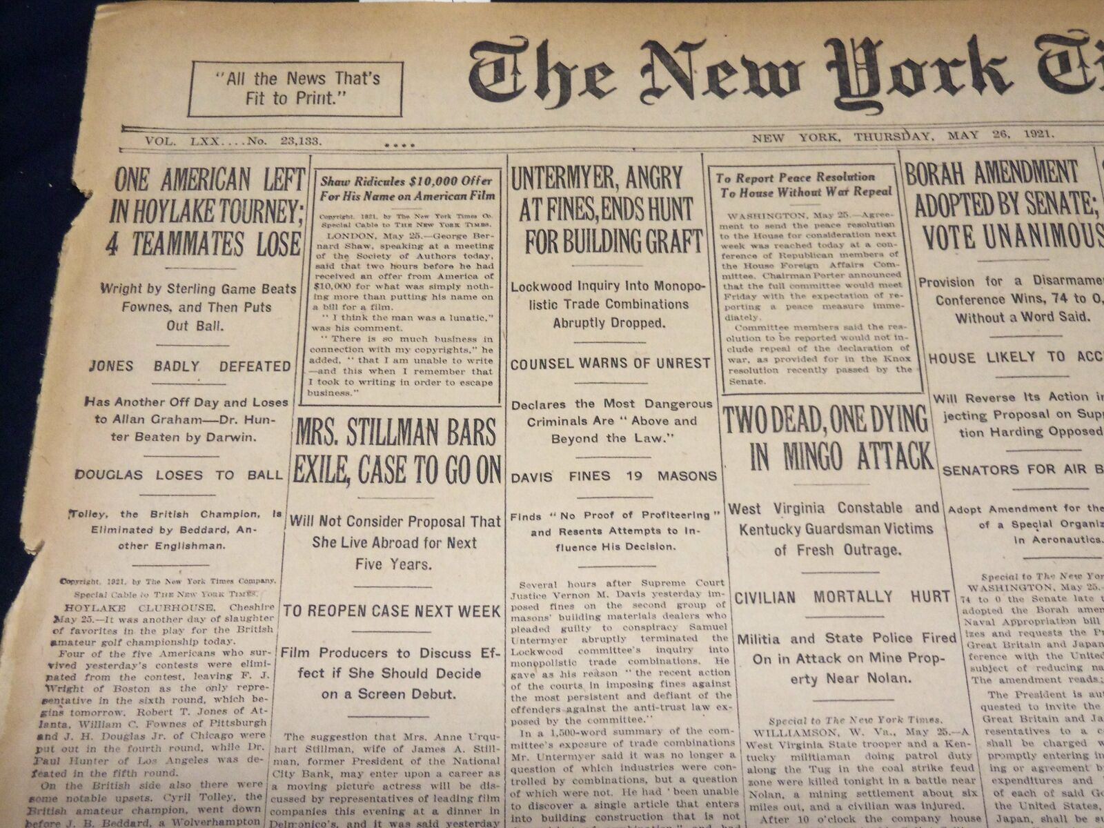 1921 MAY 26 NEW YORK TIMES - ONE AMERICAN LEFT IN HOYLAKE TOURNEY - NT 7857