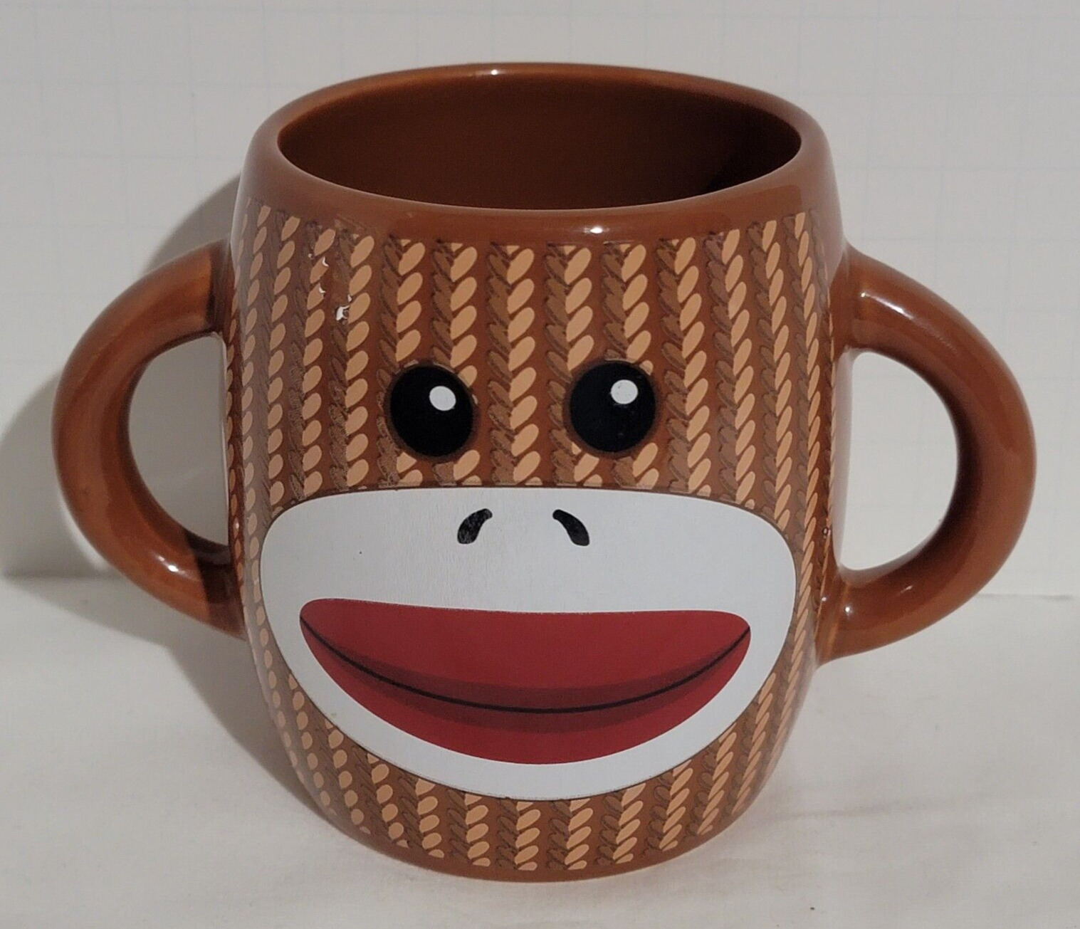 Sock Monkey Coffee Mug Double Handle Ceramic Galerie Brown Striped 14 Oz