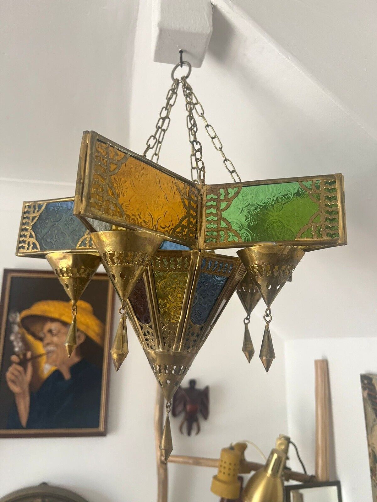  Vintage Moroccan Stained Glass Hanging Lantern 