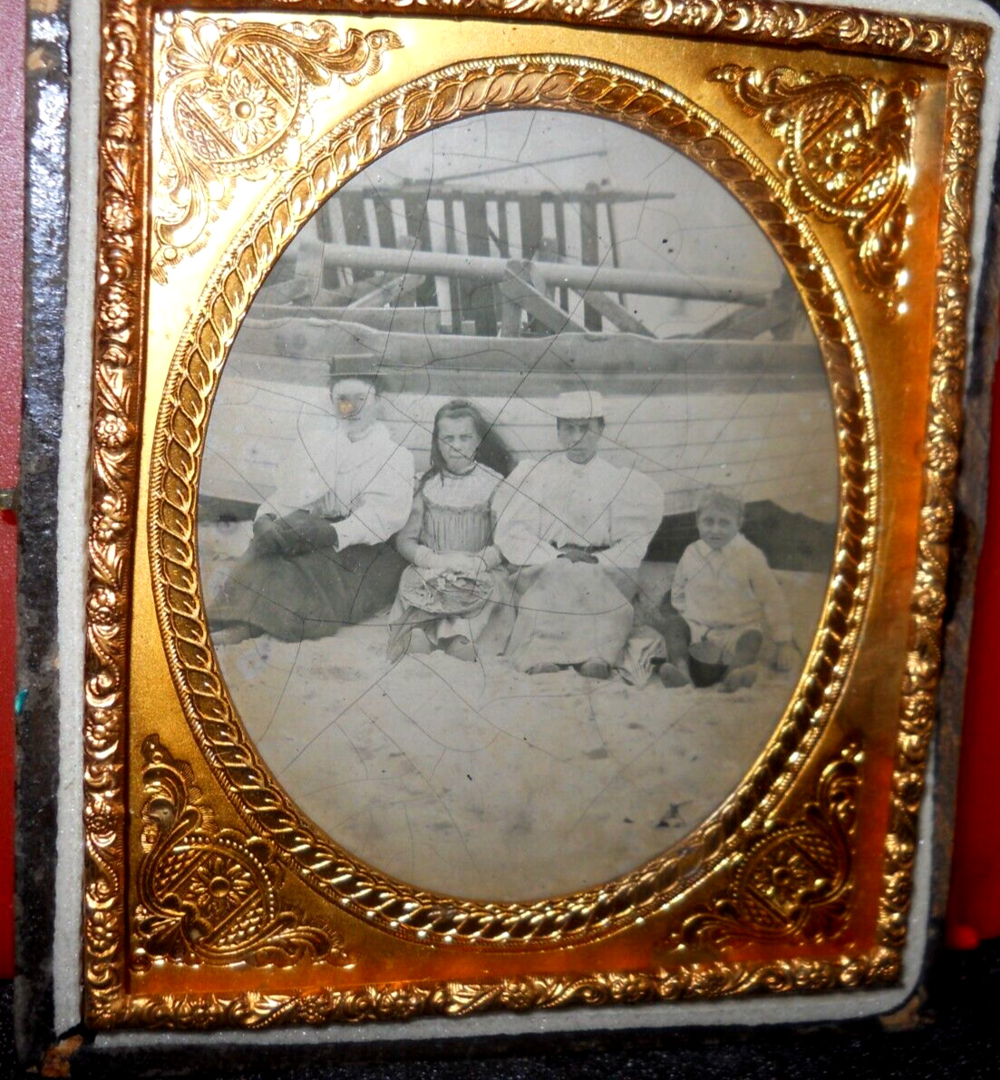 Rare 1/6th Size outdoor Tintype of family at seashore in half case
