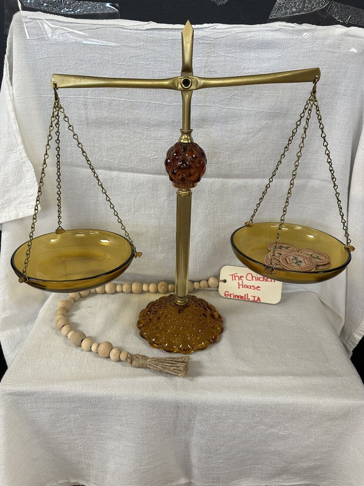 Princess House Vintage Amber Glass Scales of Justice With Brass Stand 15