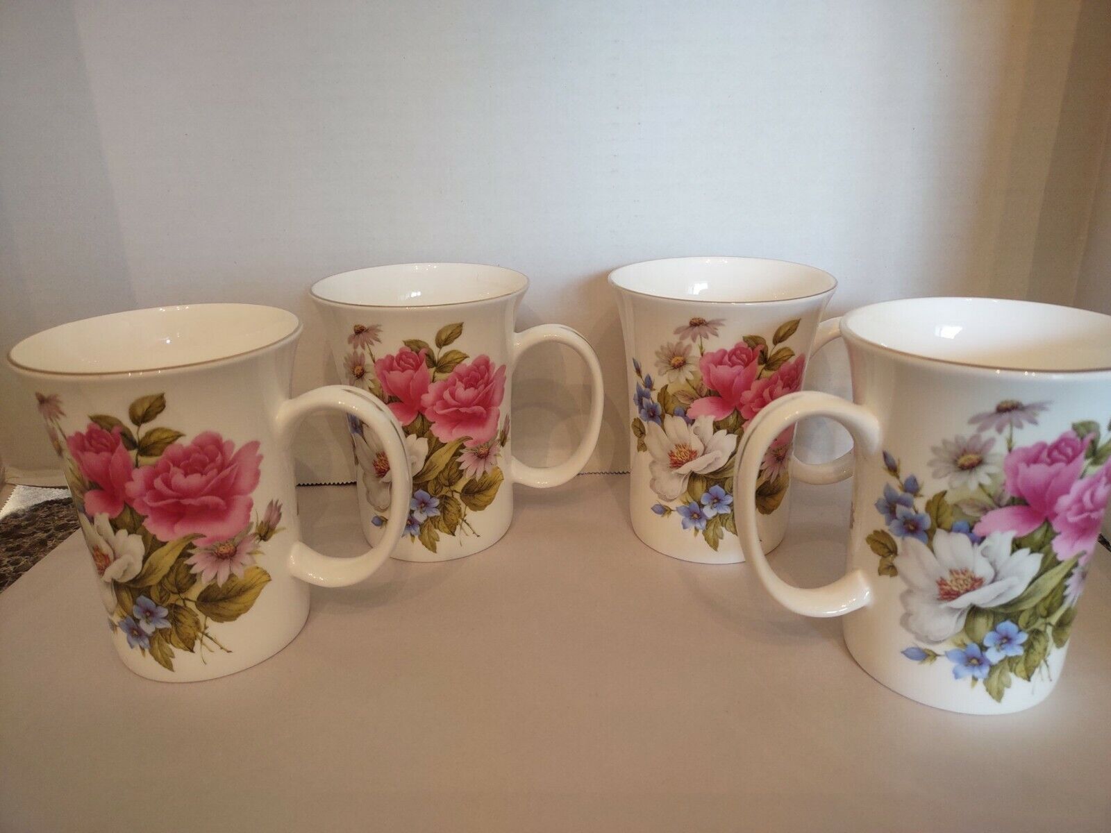 Stechcol Gracie Bone China Pink Rose Floral Bouquet Mug Teacup Set Of 4 ~EUC~