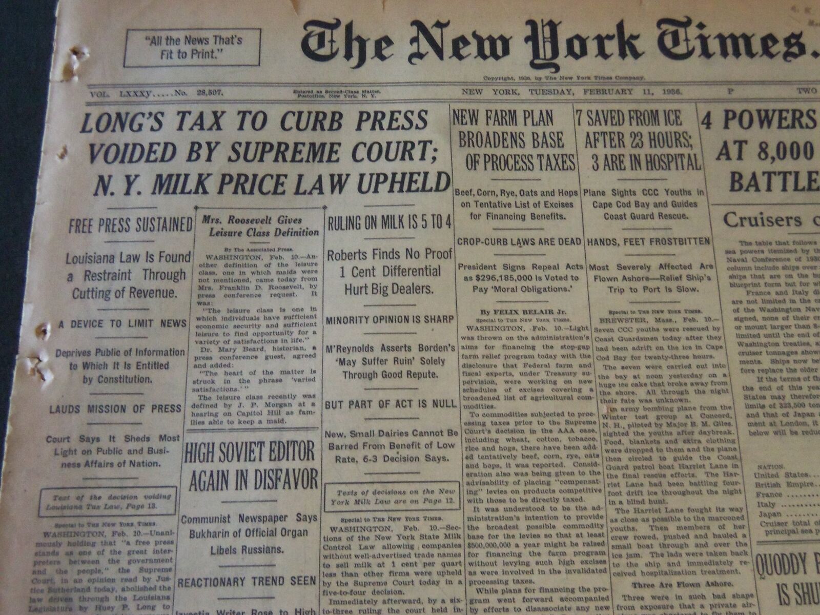 1936 FEB 11 NEW YORK TIMES - LONG'S TAX TO CURB PRESS VOIDED BY COURT - NT 6714