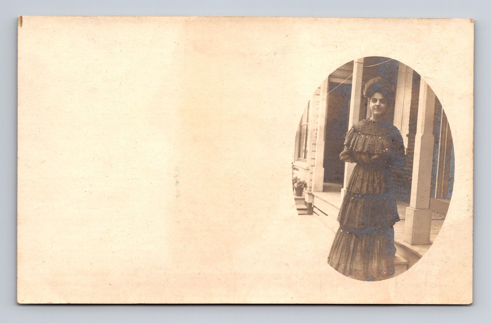 RPPC Postcard Cameo View Portait of Young Woman in Dress on Porch
