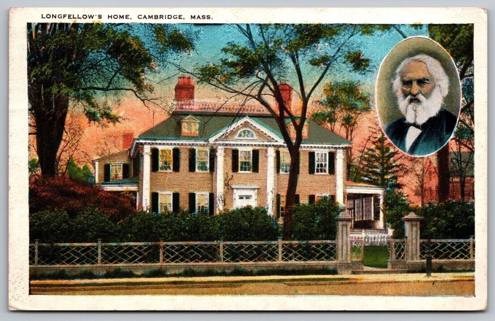 Longfellows Home Cambridge Massachusetts Street View Historic Vintage Postcard
