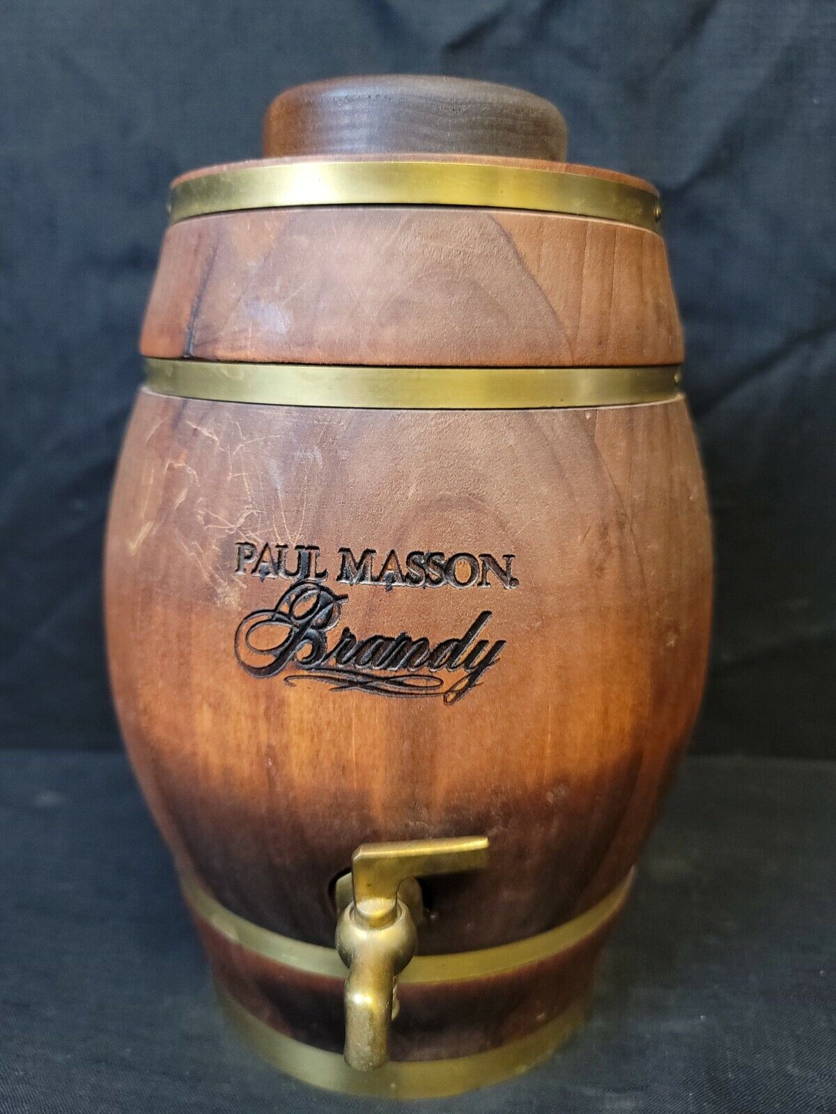 Paul Masson Brandy Barrel Advertising Dispenser Decanter Glass Jar Brass Spigot