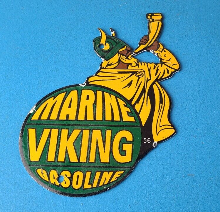 Vintage Marine Viking Gasoline Sign - Gas Pump Plate Service Porcelain Sign