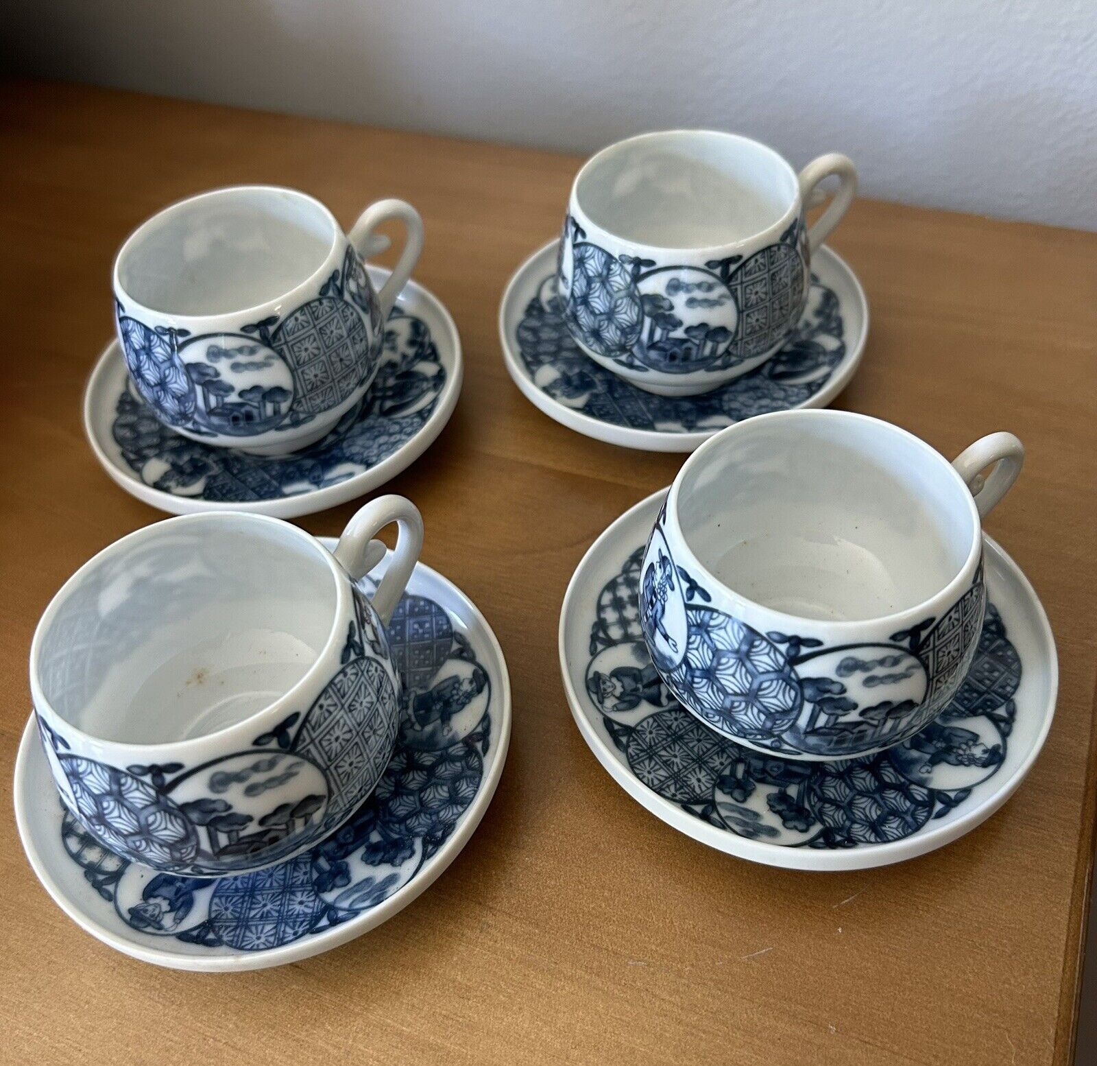 Vintage International Japan Ching Te Chen Set of 4 Cups & Saucers Blue