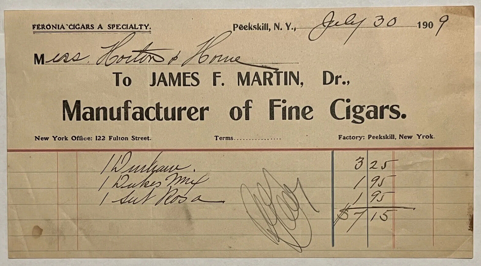 1909 JAMES F. MARTIN FINE CIGARS MANUFACTURER VINTAGE RECEIPT PEEKSKILL NEW YORK