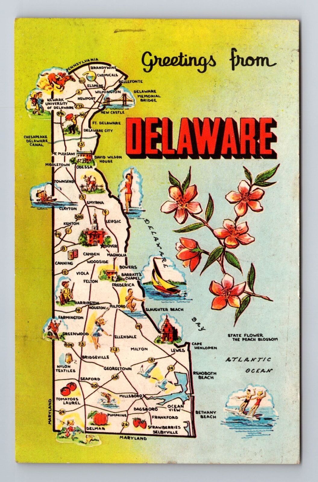 DE- Delaware, General Map Landmark Greetings, Antique, Vintage Souvenir Postcard