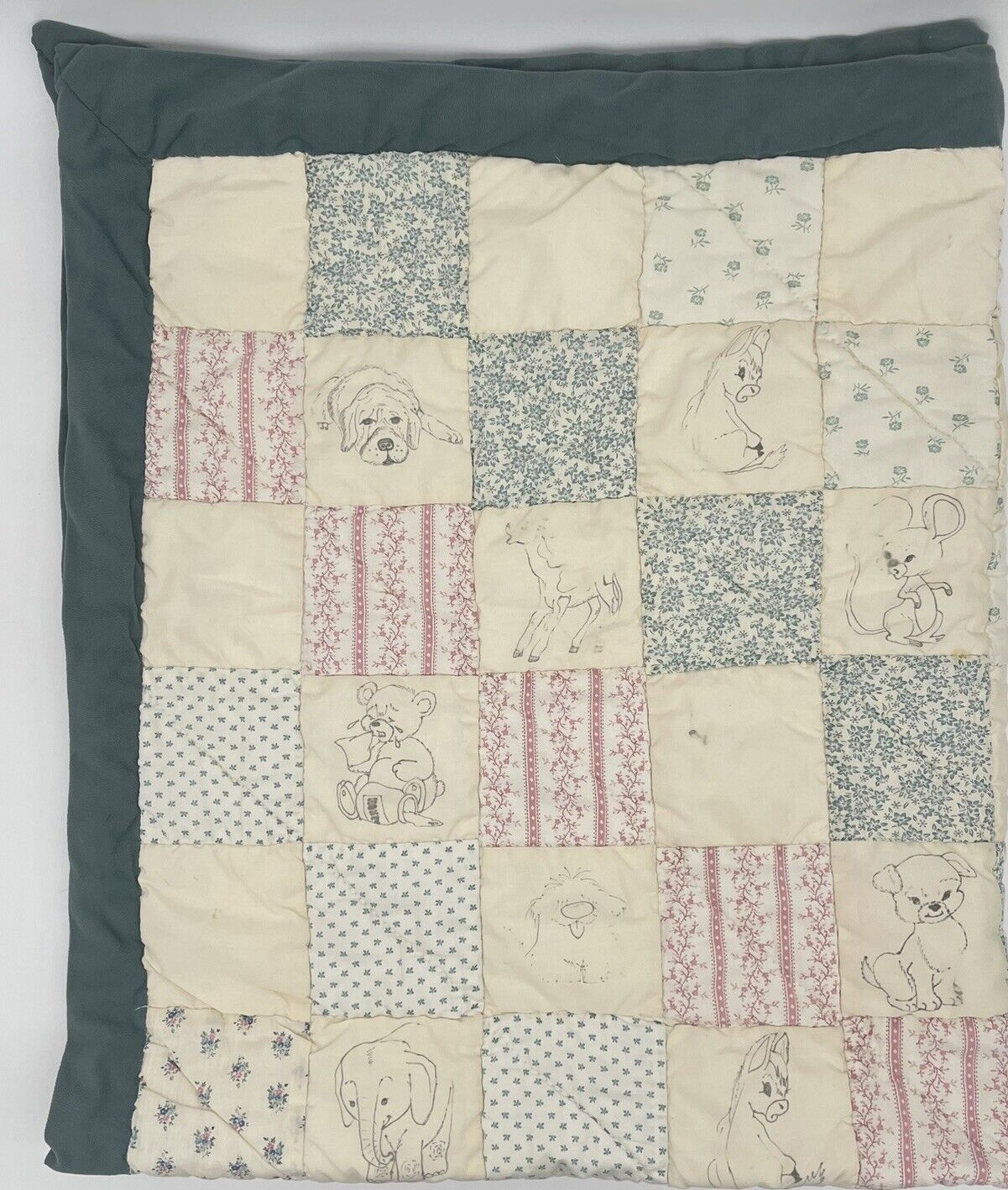 Vintage Handmade Patchwork Quilt Animal Drawings Crib Size 43.5” x 51.5”