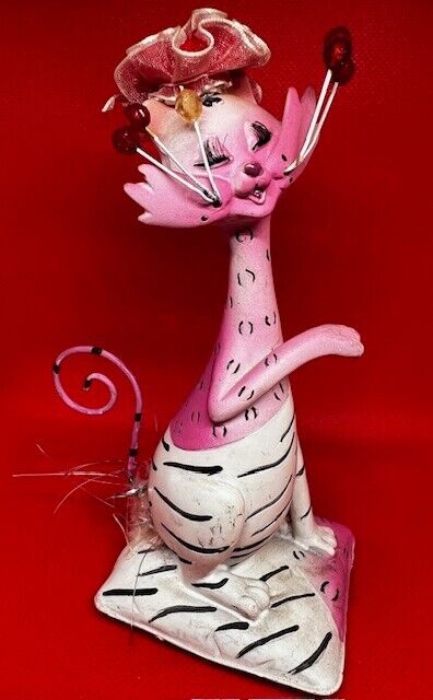 Vintage Whimsical Fanciful Dressup Pink Cat Kitten Sitting on Pillow Figurine