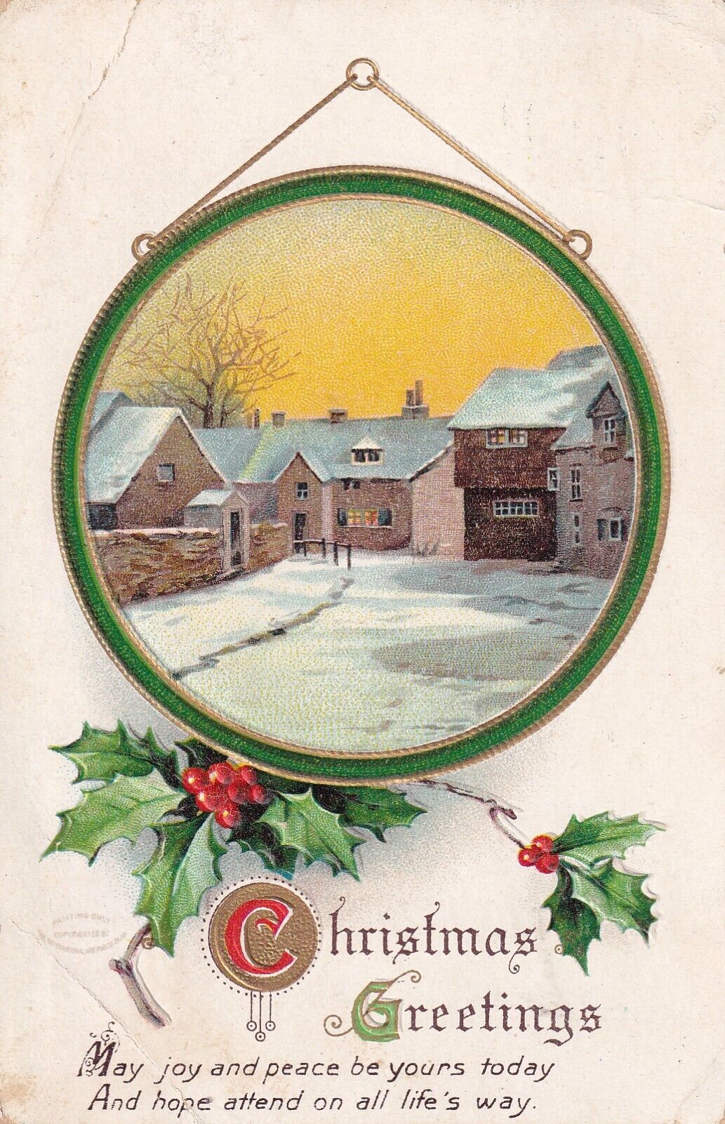 Vintage Christmas Greetings Joy and Peace 1910 Postcard Country Town Snow Scene