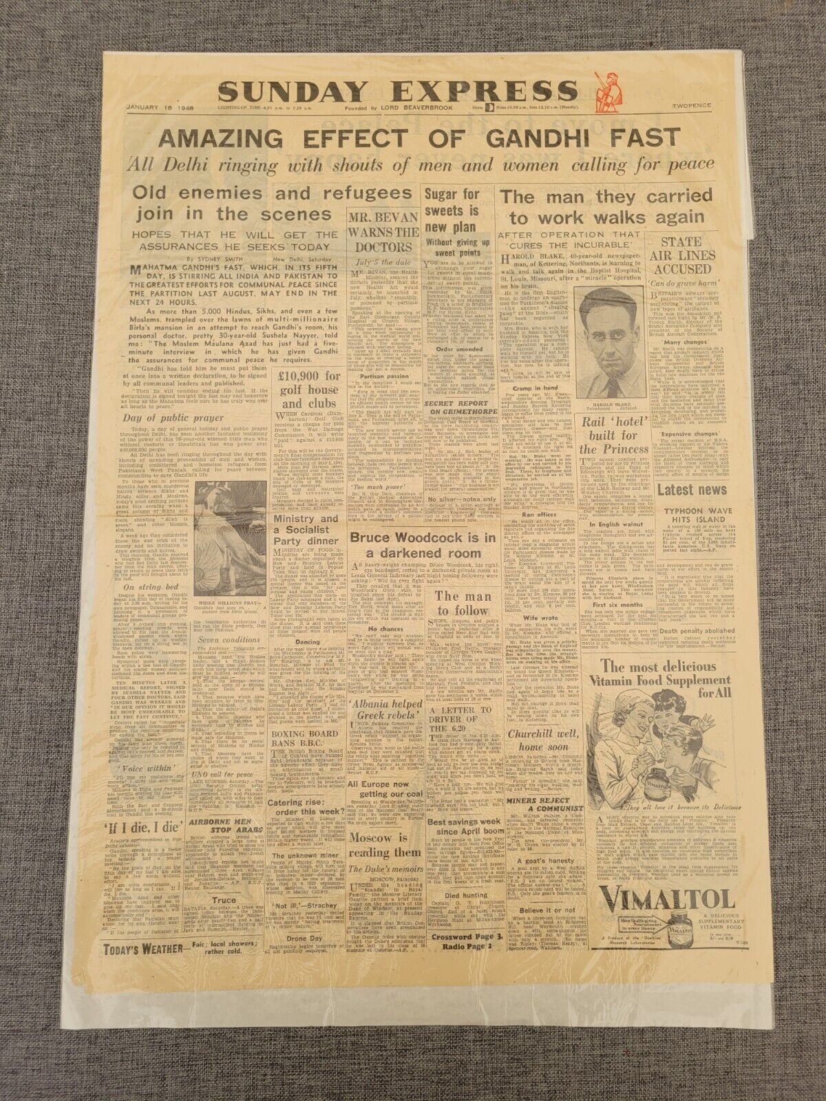 SUNDAY EXPRESS GANDHI FAST INDIA NEW DELHI 18 JAN 1948 ORIGINAL NEWSPAPER