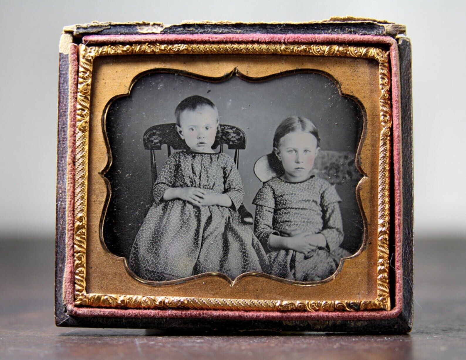 1850s Daguerreotype Little Kids Sisters or Brother & Sister in Matching Dresses