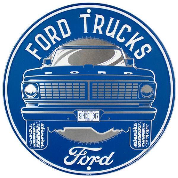 Ford Trucks Since 1917 Blue Embossed Metal Novelty Round Sign - 12 in