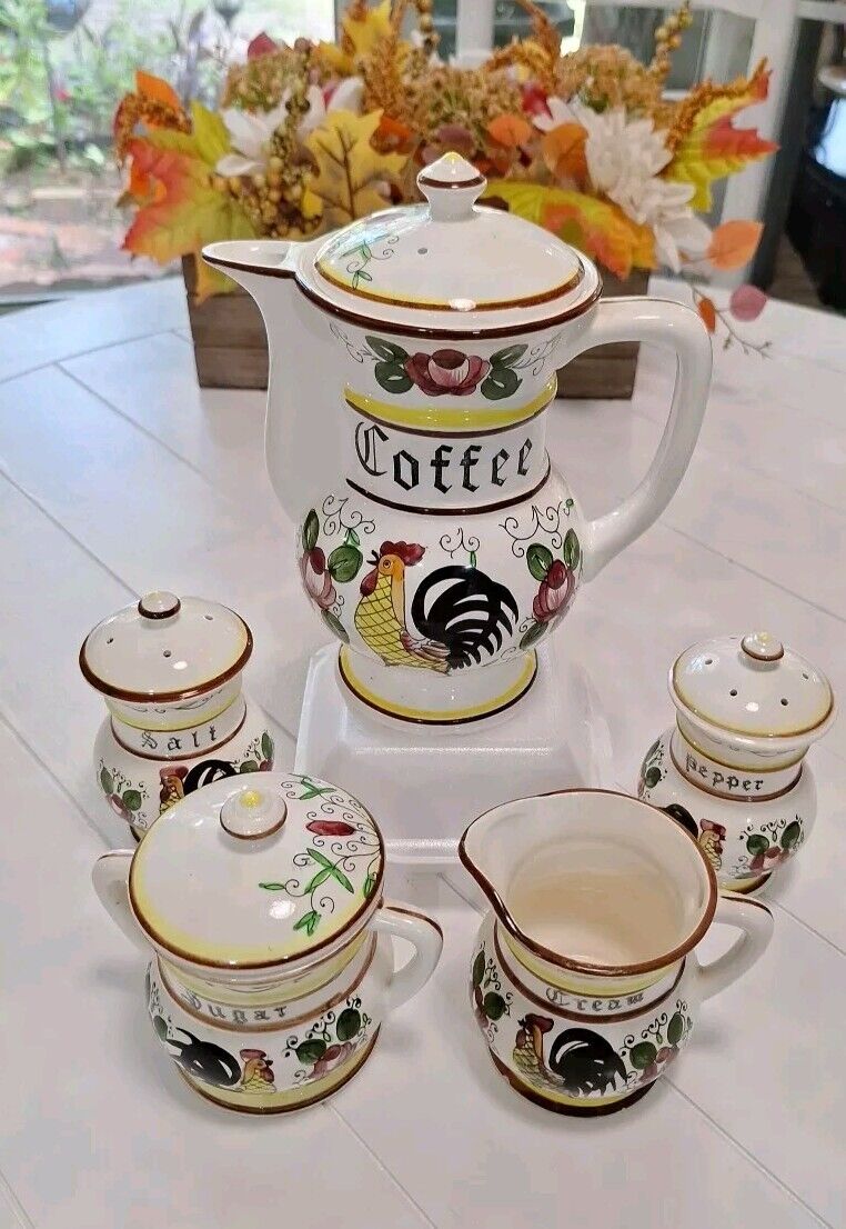 Vintage 1950’s Rooster Coffee Pitcher Acson Hand Painted Japan Cups Saucers Set