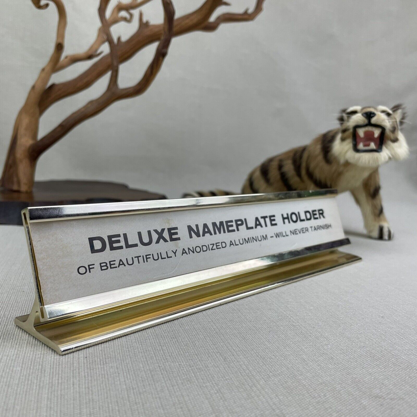 Deluxe Nameplate Holder Vintage Anondized Aluminum Gold Tone Office Desk Name