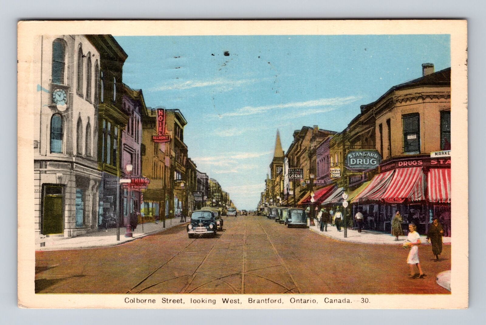 Brantford Ontario Canada, Colborne Street, Cigar Store, Vintage c1940 Postcard