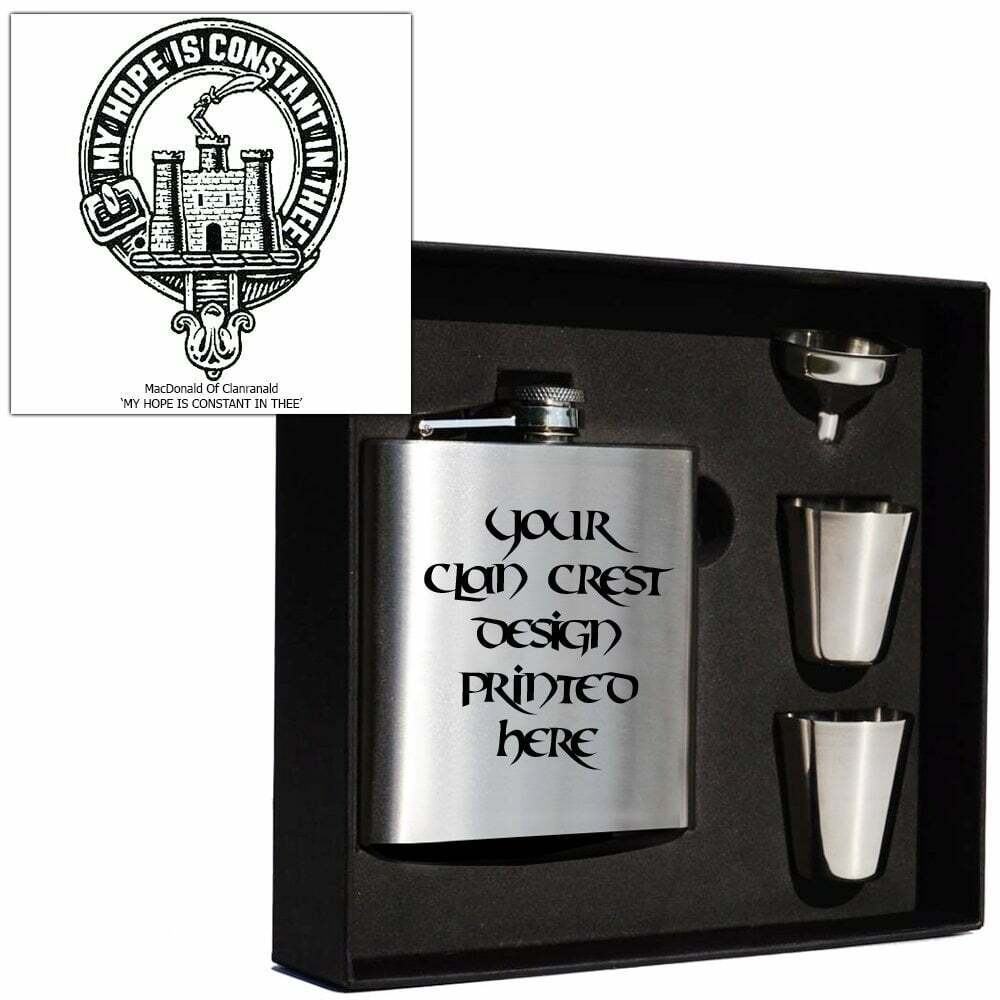 Art Pewter MacDonald of Clanranald Clan Crest 6oz Hip Flask Set (s) HF6 S-C51