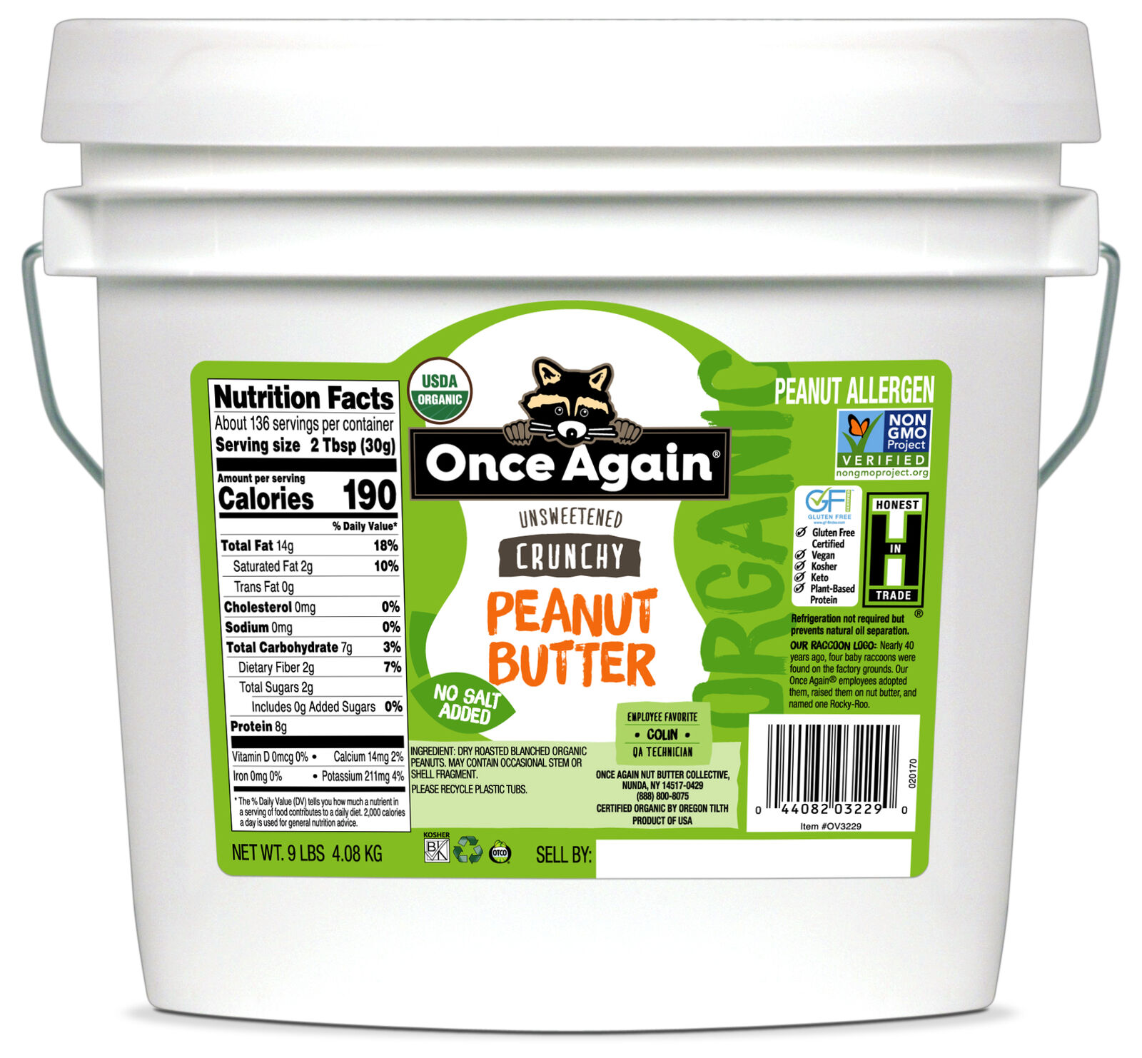 Once Again Organic, Crunchy Peanut Butter, No Salt, Unsweetened, 9lb Bucket