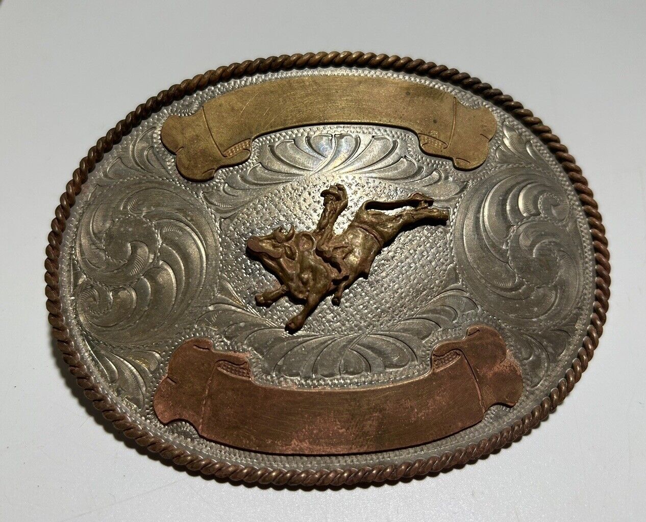 VTG Montana Silversmiths Western Bull Rodeo Belt Buckle Nickel Brass Copper