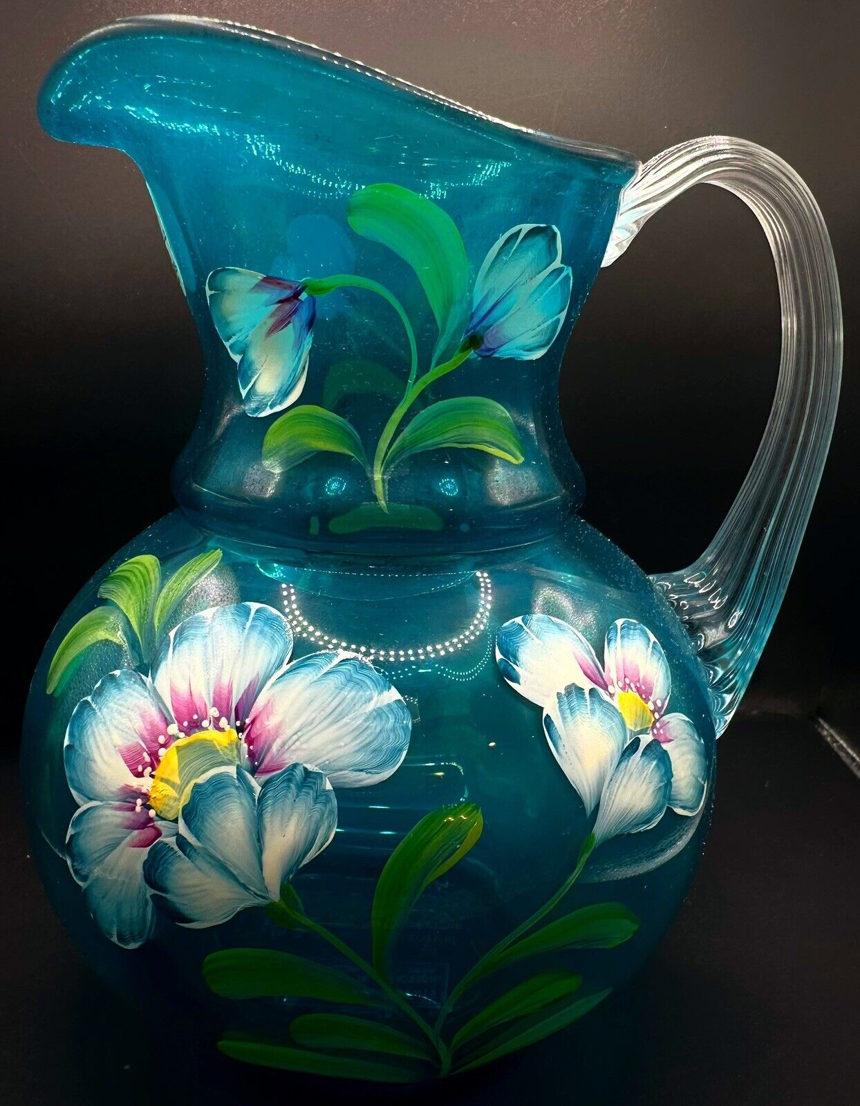 Rare Fenton Presidents 1905-2005 Limited Ed Hand Painted Blue Glass Pitcher Vase