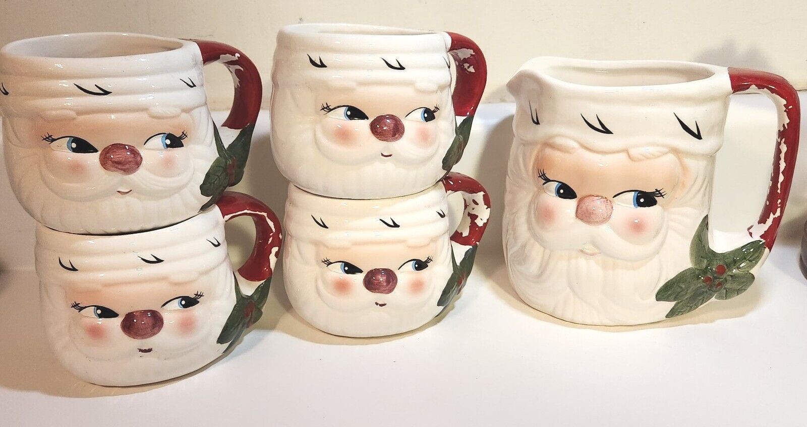 Vintage Ceramic Santa Pitcher & 4 Mugs PRICE PRODUCTS Paint Loss Holly 