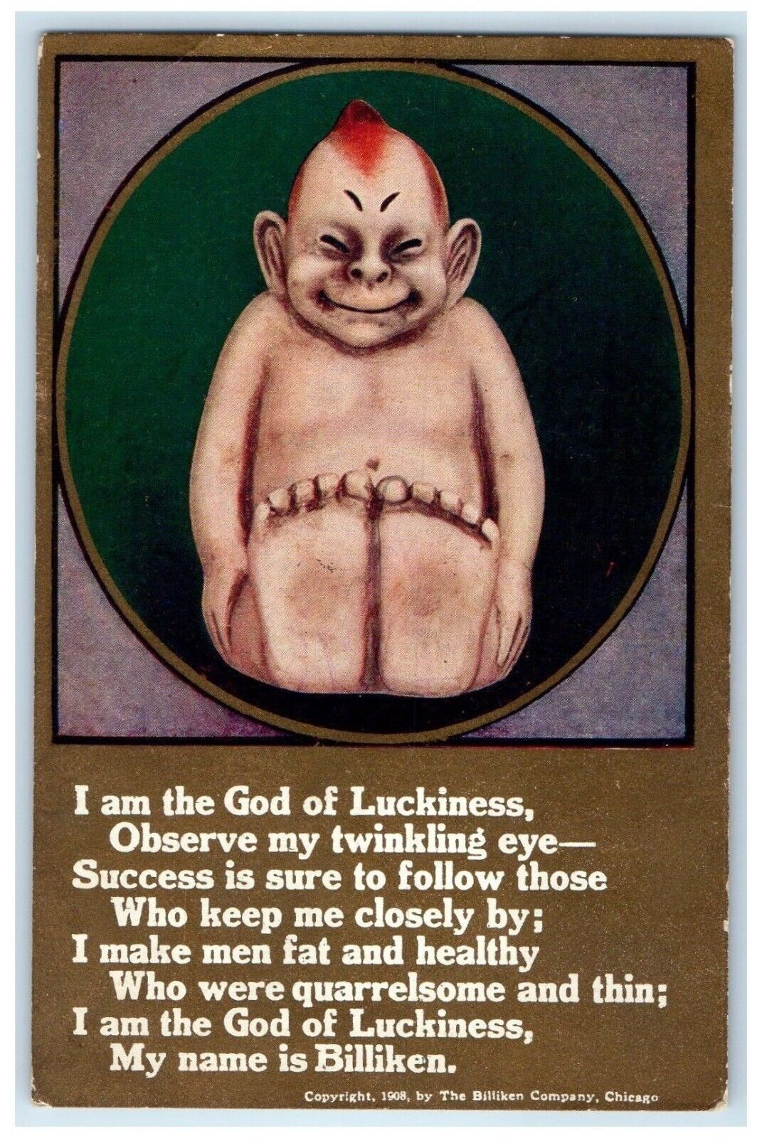 c1910's Billiken I Am The God Of Luckiness Observe My Twinkling Eye Postcard