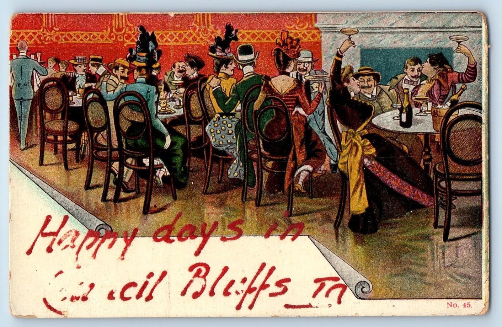 Council Bluffs Iowa IA Postcard Happy Days Restaurant Scene c1910's Antique