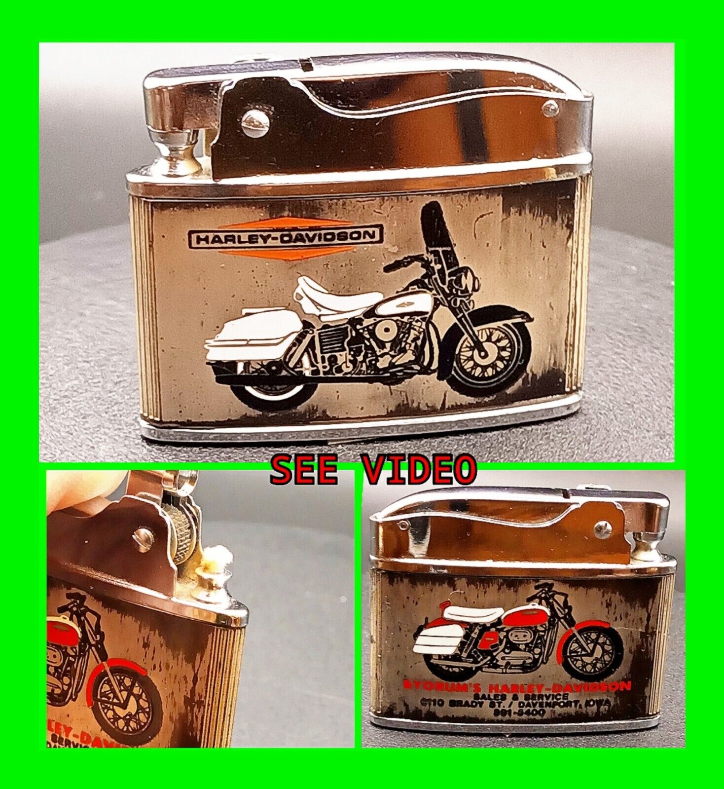 Rare Vintage Double Sided Harley Davidson Motorcycle Flat Ad Lighter HTF Unfired